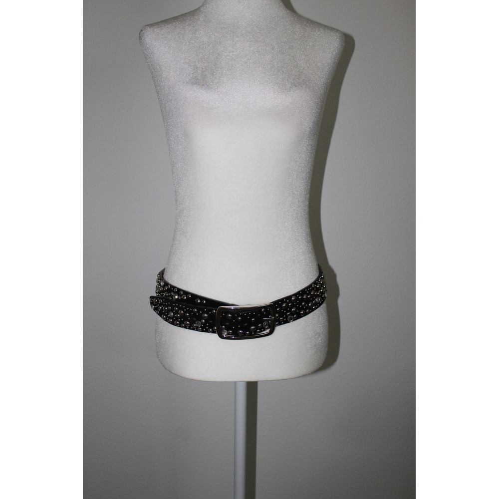 Black‎ Genuine Leather Studded Suede Rhinestone Belt Silver Buckle Size L 100377